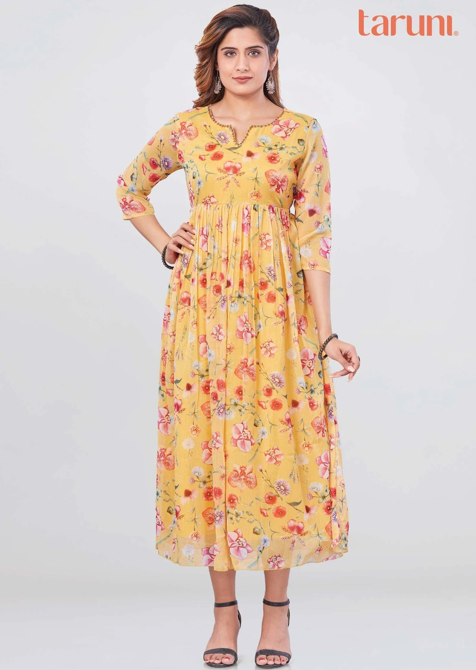 Yellow Chiffon Printed Frock Style Kurti