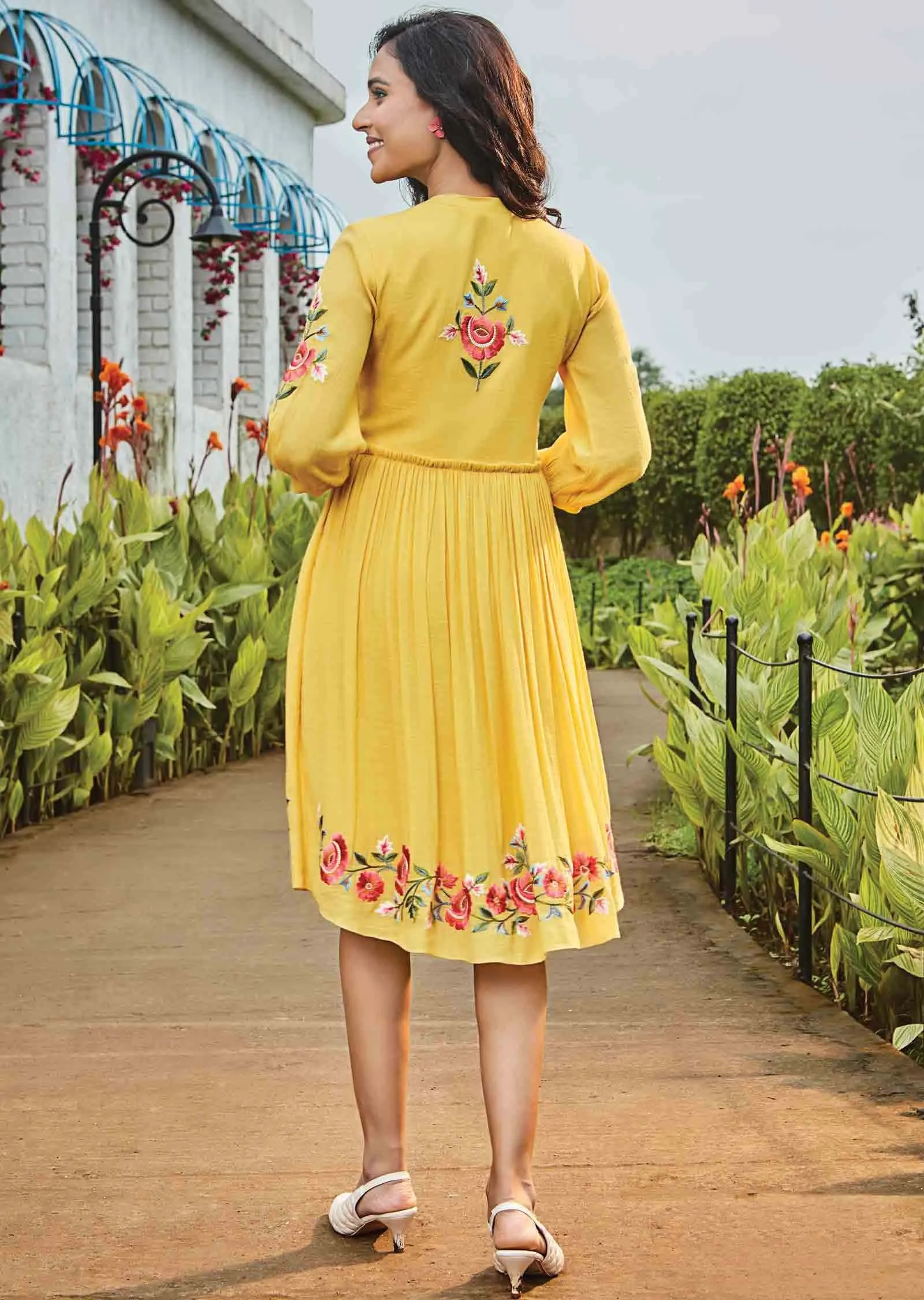 Yellow Linen Georgette Resham Work Frock Style Kurti